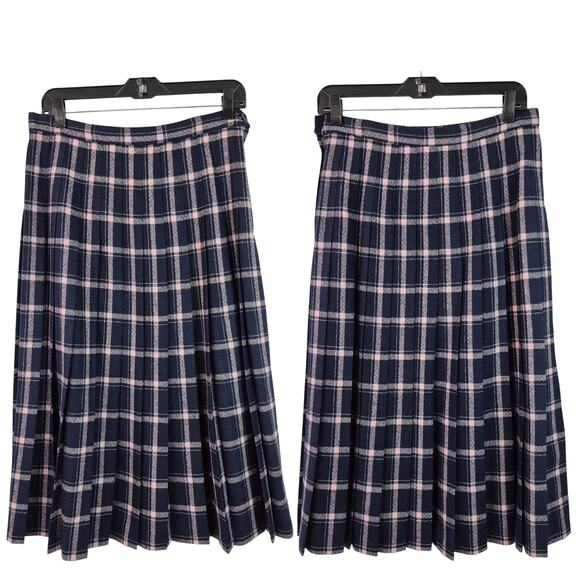 Pendleton USA Blue Pale Pink Plaid Vintage Wool Pleated Skirt 12 - Picture 1 of 6